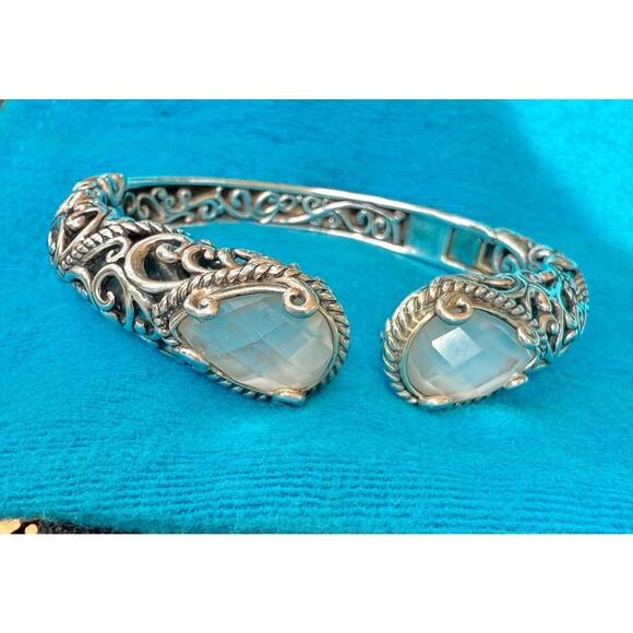 Carolyn Pollack SS Cuff | MOP Quartz Doublet Ends | Scroll Design Hinged Bangle - Picture 1 of 7